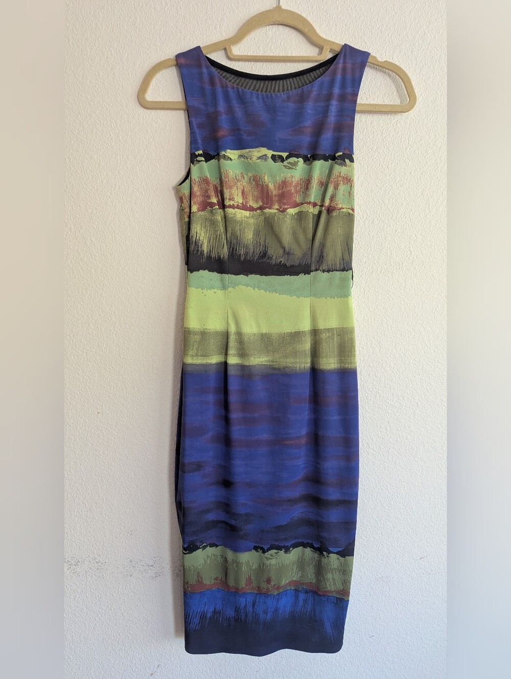 Karen Millen Blue & Green Striped Midi Sheath Dress